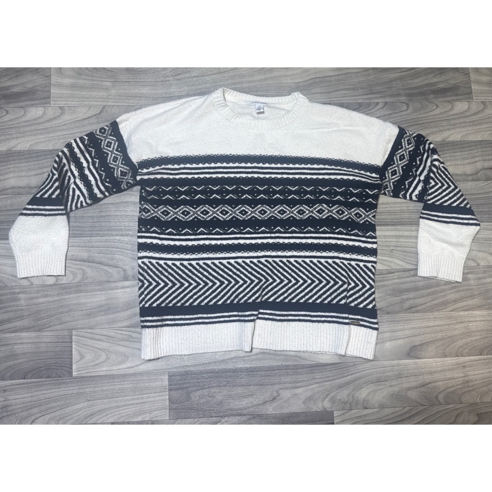 Calvin Klein Womens Black White Geometric Fair Isle Knit Crewneck Sweater Large